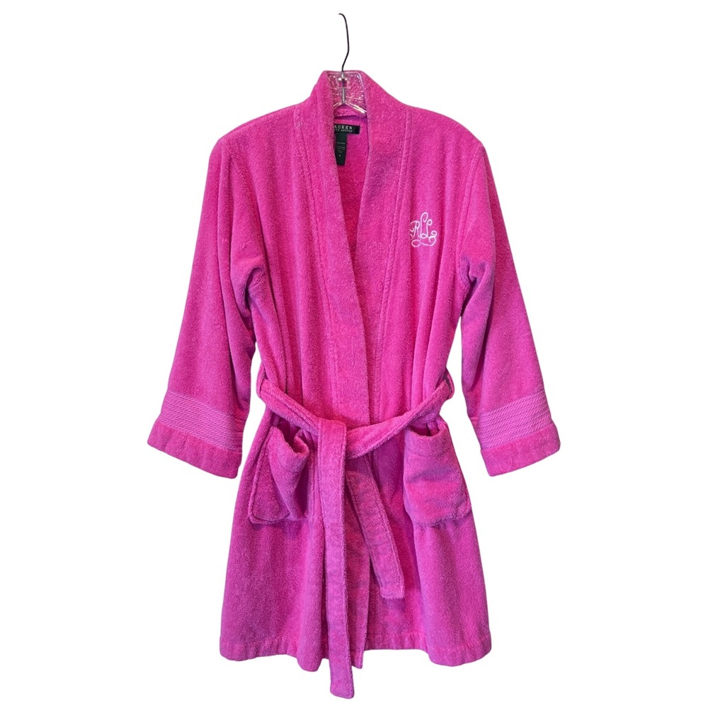 Lauren Ralph Lauren Black Label Hot Pink Terry Cloth Robe Monogram Size Small